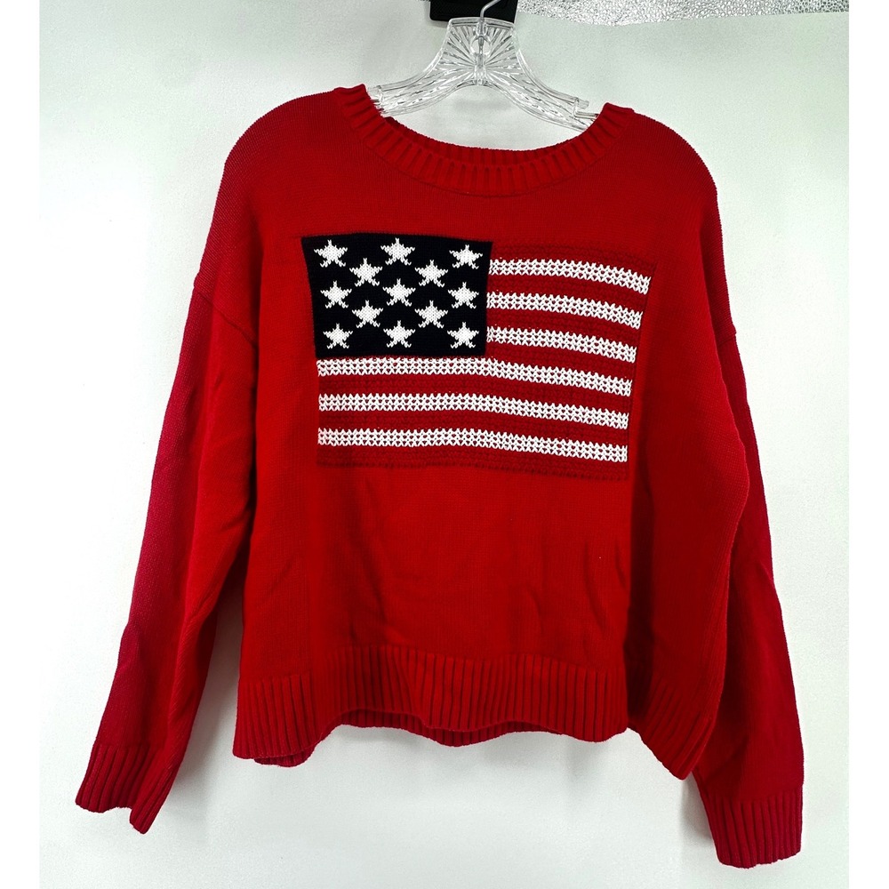 Old Navy Seaside Cotton American Flag Sweater Red Crew Neck Womens Med Patriotic